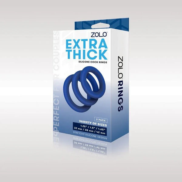 Zolo Extra Thick Silicone Cock Rings retail box, blue and white pack listing the three sizes
