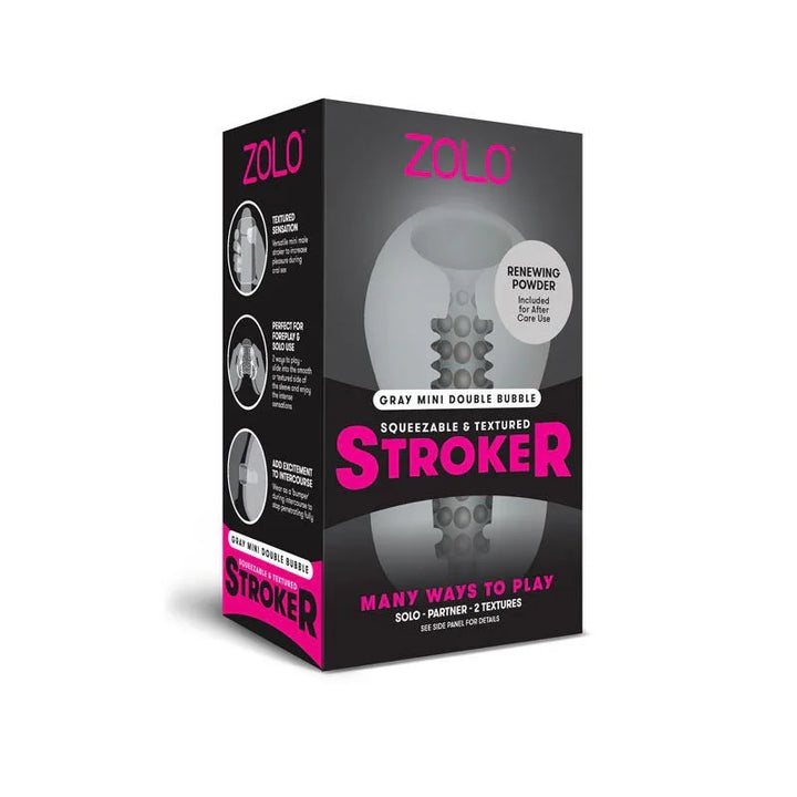 Zolo Mini Double Bubble Stroker retail box in black and pink, grey sleeve pictured