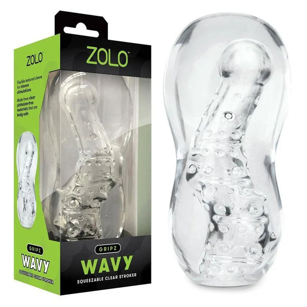 Zolo Gripz Wavy retail box beside the clear stroker, showing the nubbed inner channel
