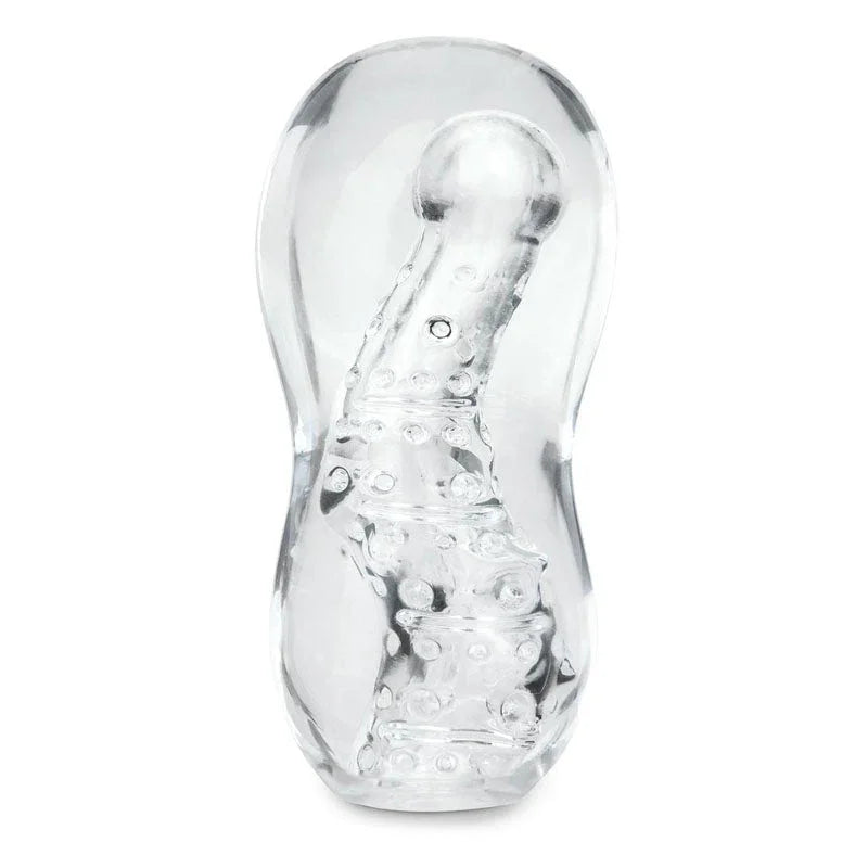 Zolo Gripz Wavy stroker in Clear alone, upright, textured internal canal visible through the wall