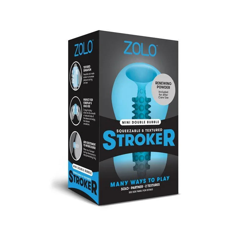 Zolo Mini Double Bubble Stroker retail box in black and blue, blue sleeve pictured