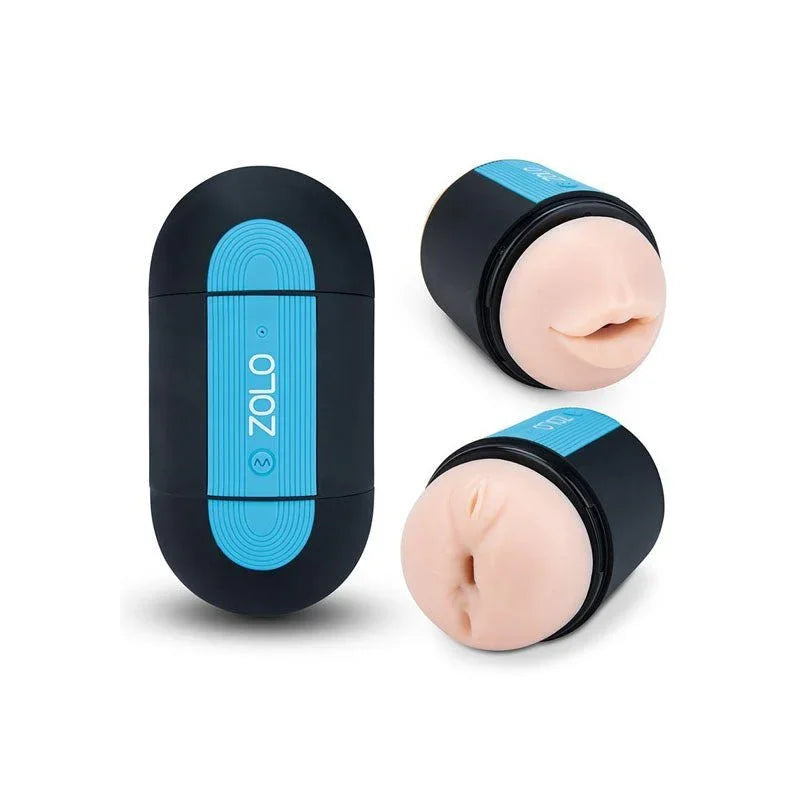 Zolo Pleasure Pill in Black and Blue with the mouth and vagina end caps removed