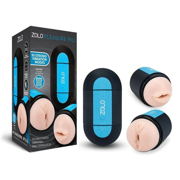 Zolo Pleasure Pill retail box beside the closed capsule and its two flesh end sleeves