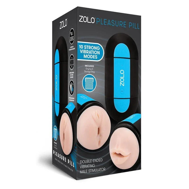 Zolo Pleasure Pill retail box alone, black panel showing both flesh openings
