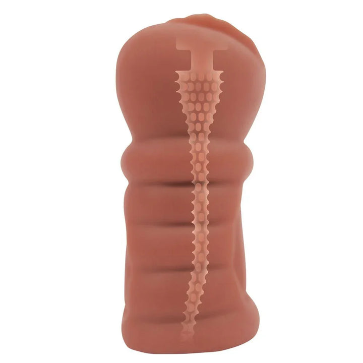 Zolo Stroke Off Latina Pussy Stroker cutaway, upright, showing the nubbed internal canal