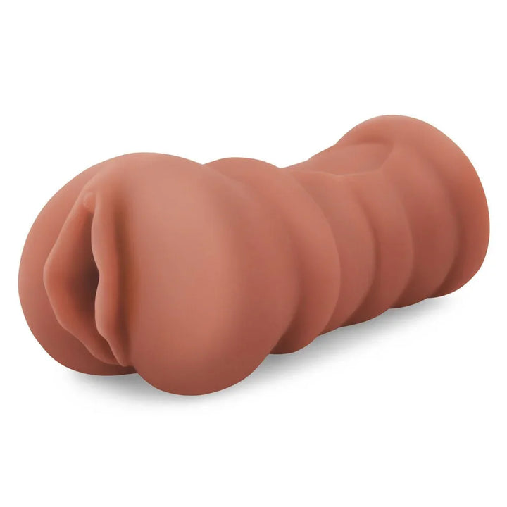 Zolo Stroke Off Latina Pussy Stroker in Tan, side view of the ribbed body and open end
