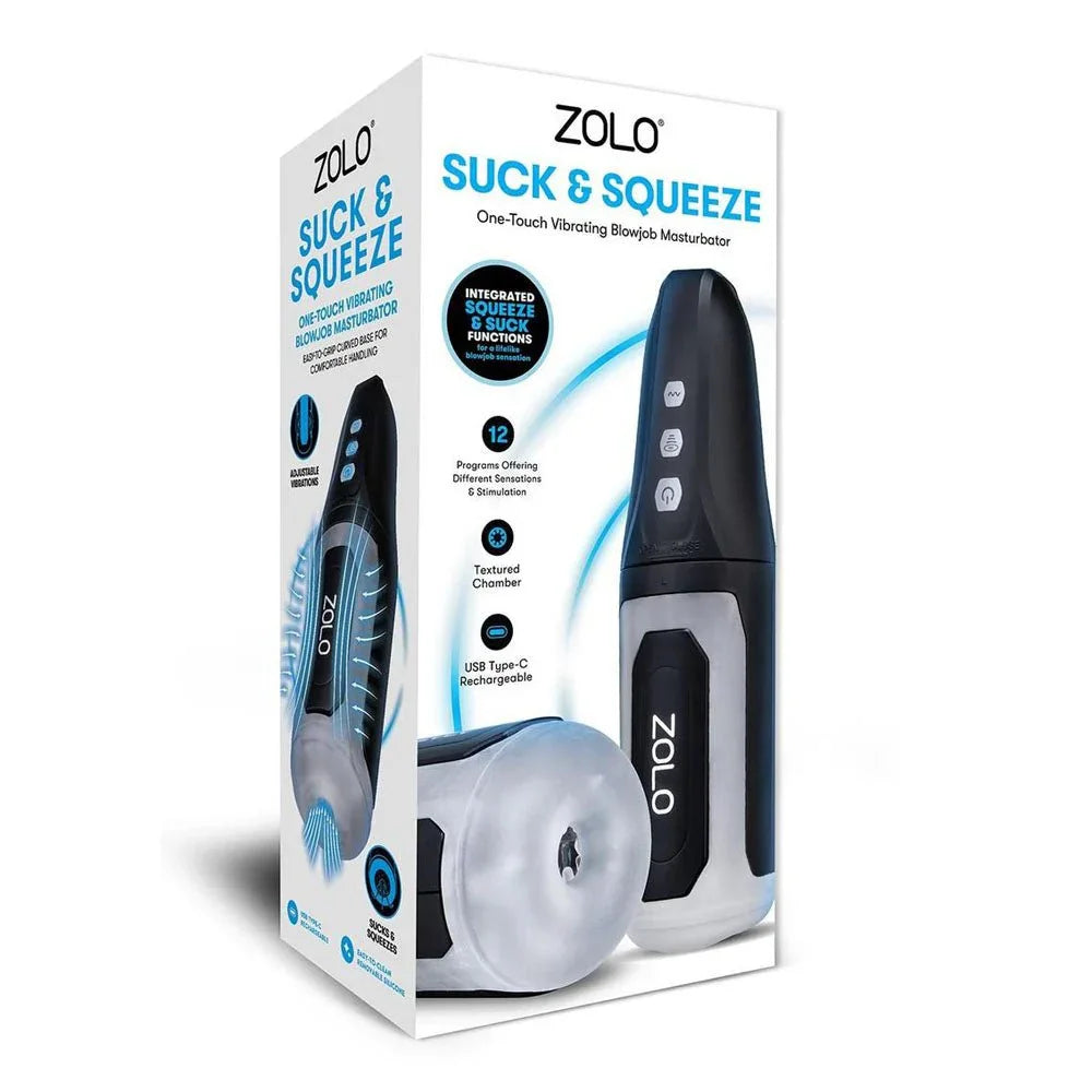 Zolo Suck & Squeeze retail box front, black case and clear textured sleeve pictured on the pack