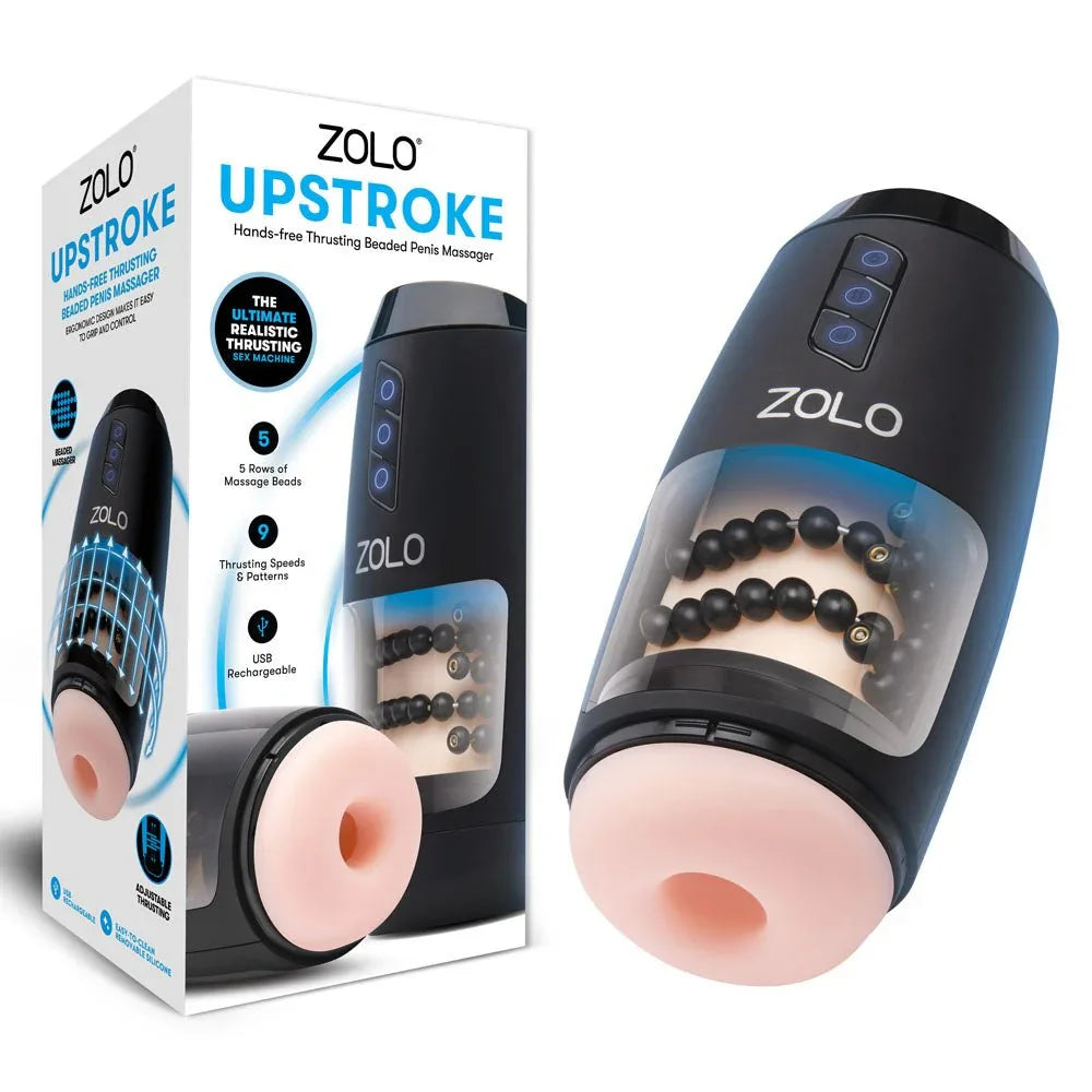 Zolo Upstroke retail box beside the black case, clear window showing the rows of beads
