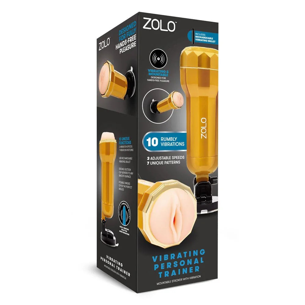 Zolo Vibrating Personal Trainer retail box, black panel showing the gold case and sleeve